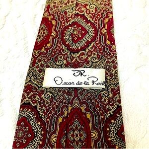 Vintage Oscar de la Renta silk tie, paisley red, yellow, white